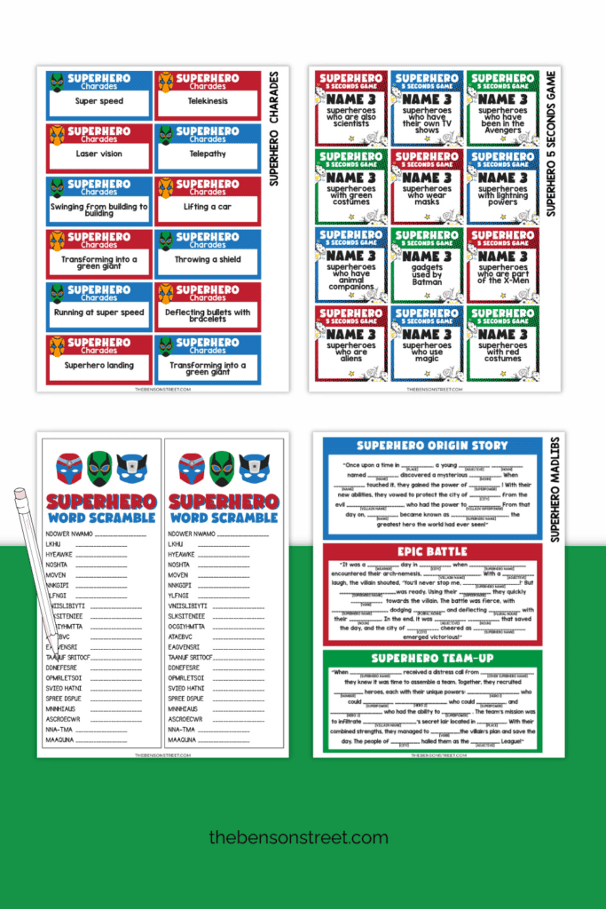 Four pages of different free printable games with a superhero theme