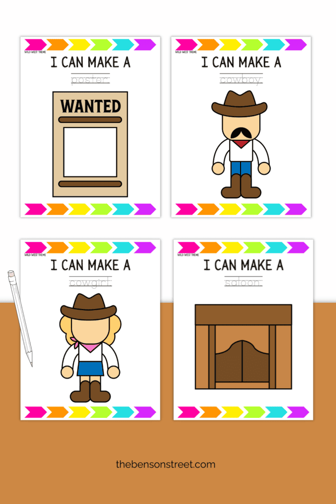Four printable sheets for western themed playdough mats