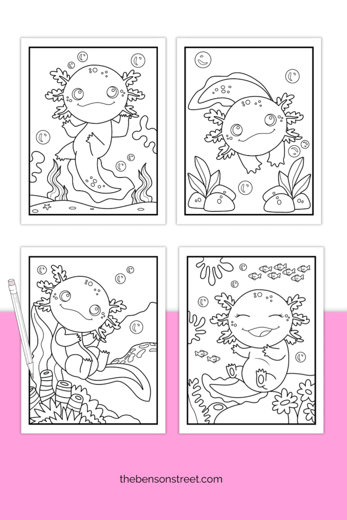 Four simple axolotl black and white coloring sheets for kids with a pencil on top