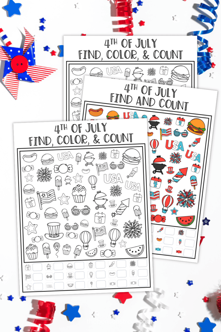 Fourth of July printable activity sheets for kids on a patriotic background