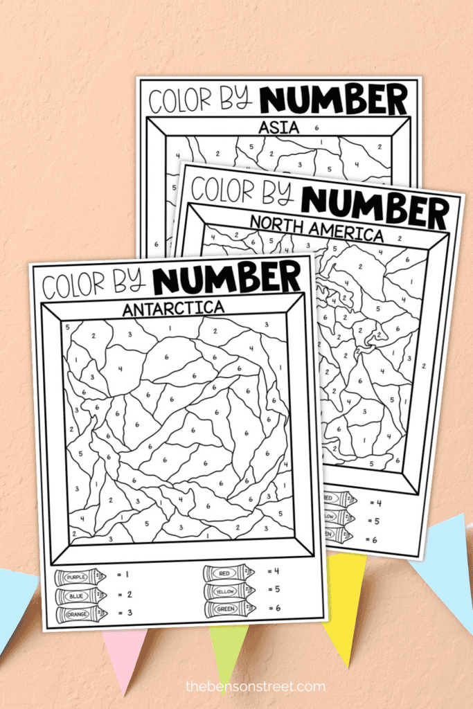 Grab your crayons and color in these color by number sheets with world continents on them