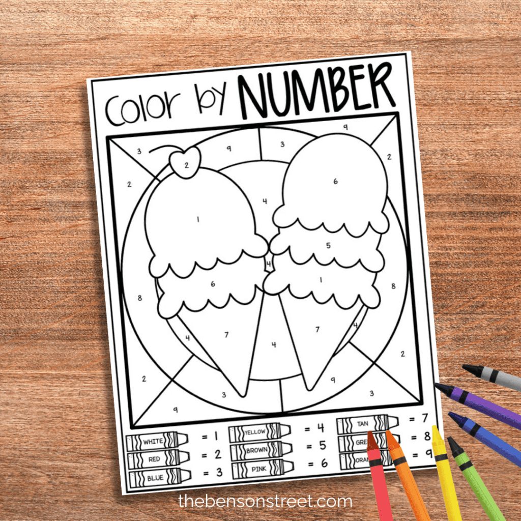 Ice Cream Cones coloring page with crayons on top