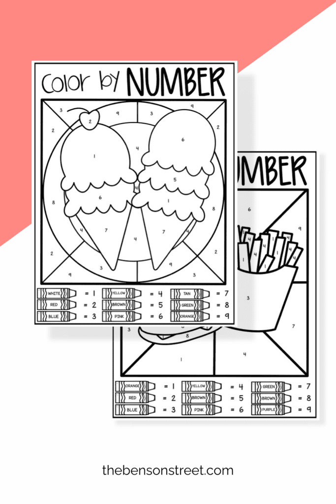 Ice cream cones and burger and fries color by number sheets