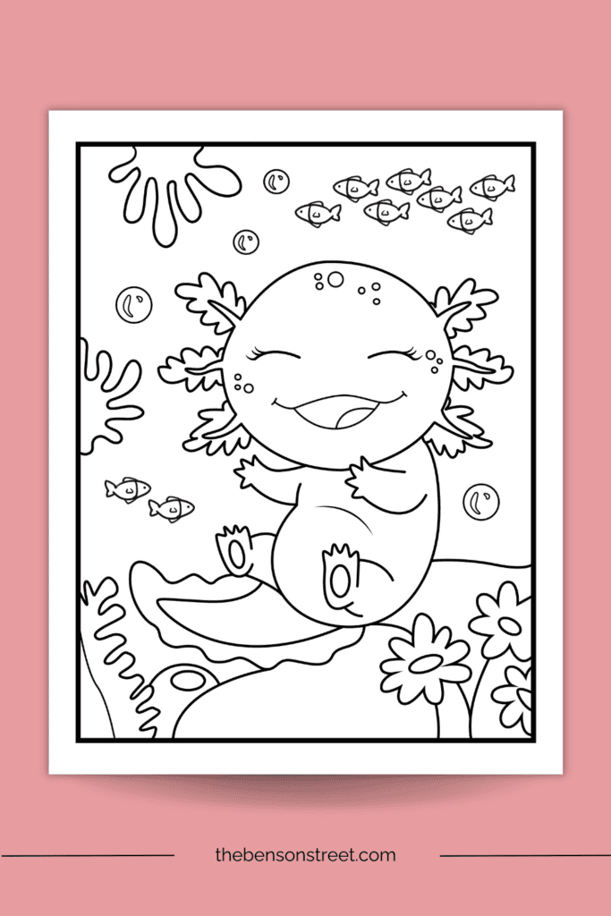 Laughing Axolotl coloring sheet with fish swimming by 