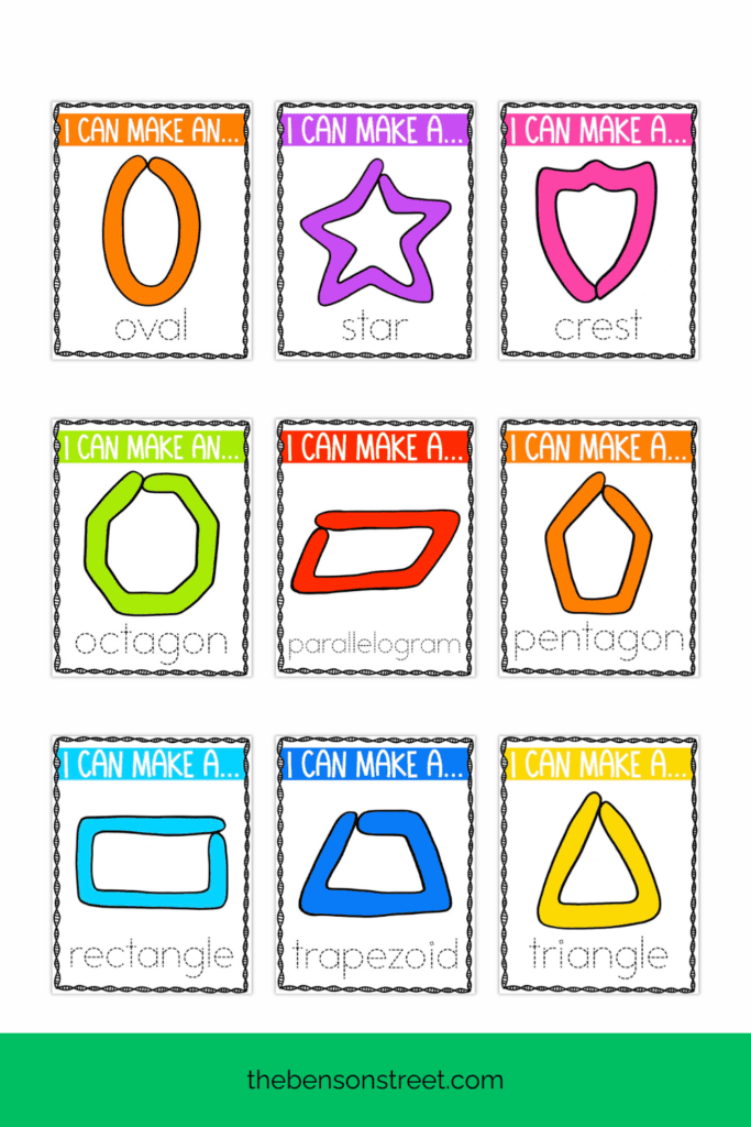 Nine different Free to print playdough mats for kids with different shapes