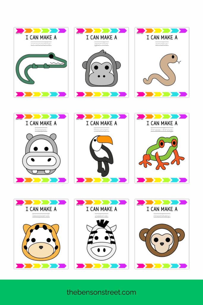 Nine different jungle animal playdough mats for kids to use fine motor skills