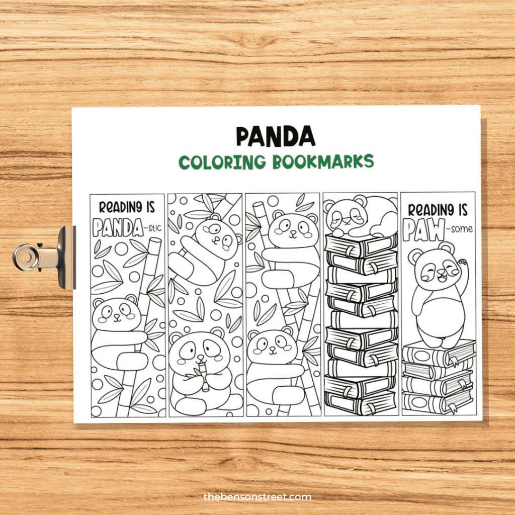 Page of bookmarks to colors featuring pandas