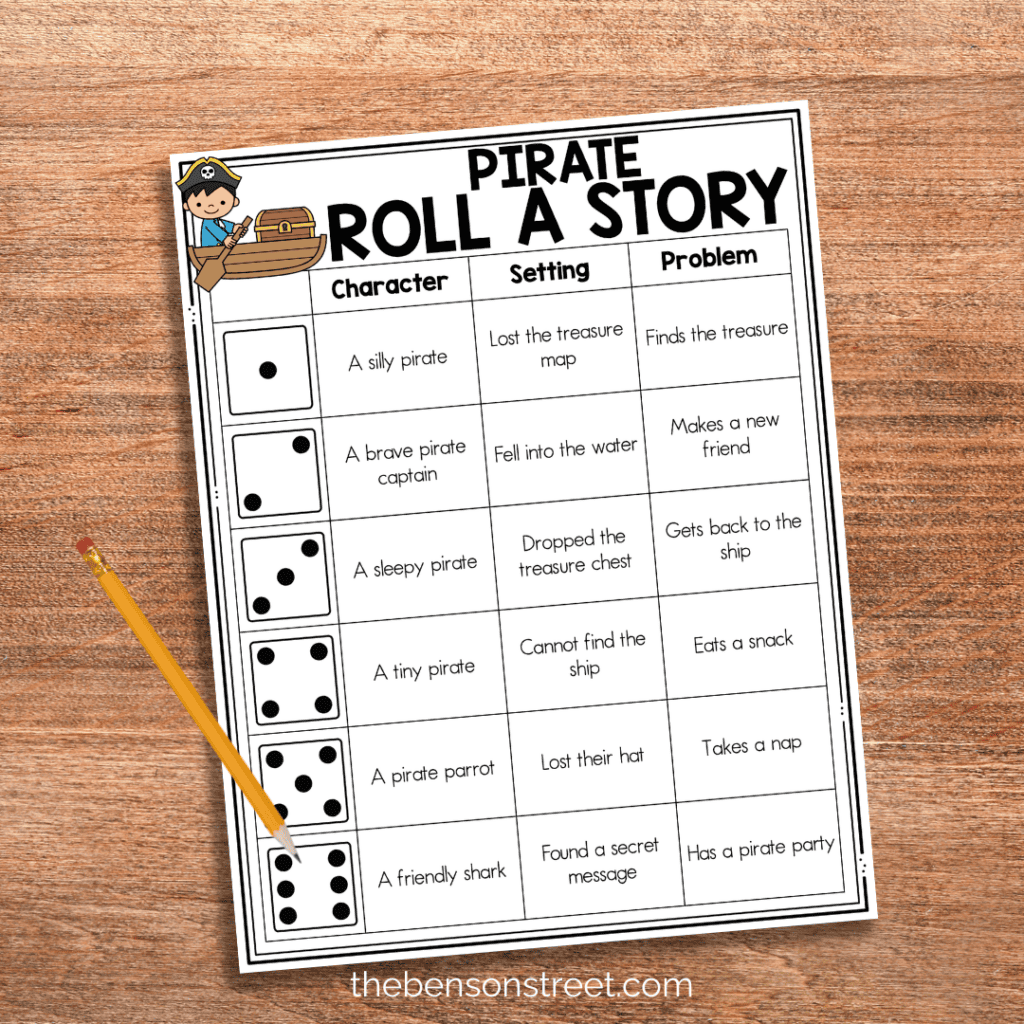 Pirate Roll a Story Page with a pencil 