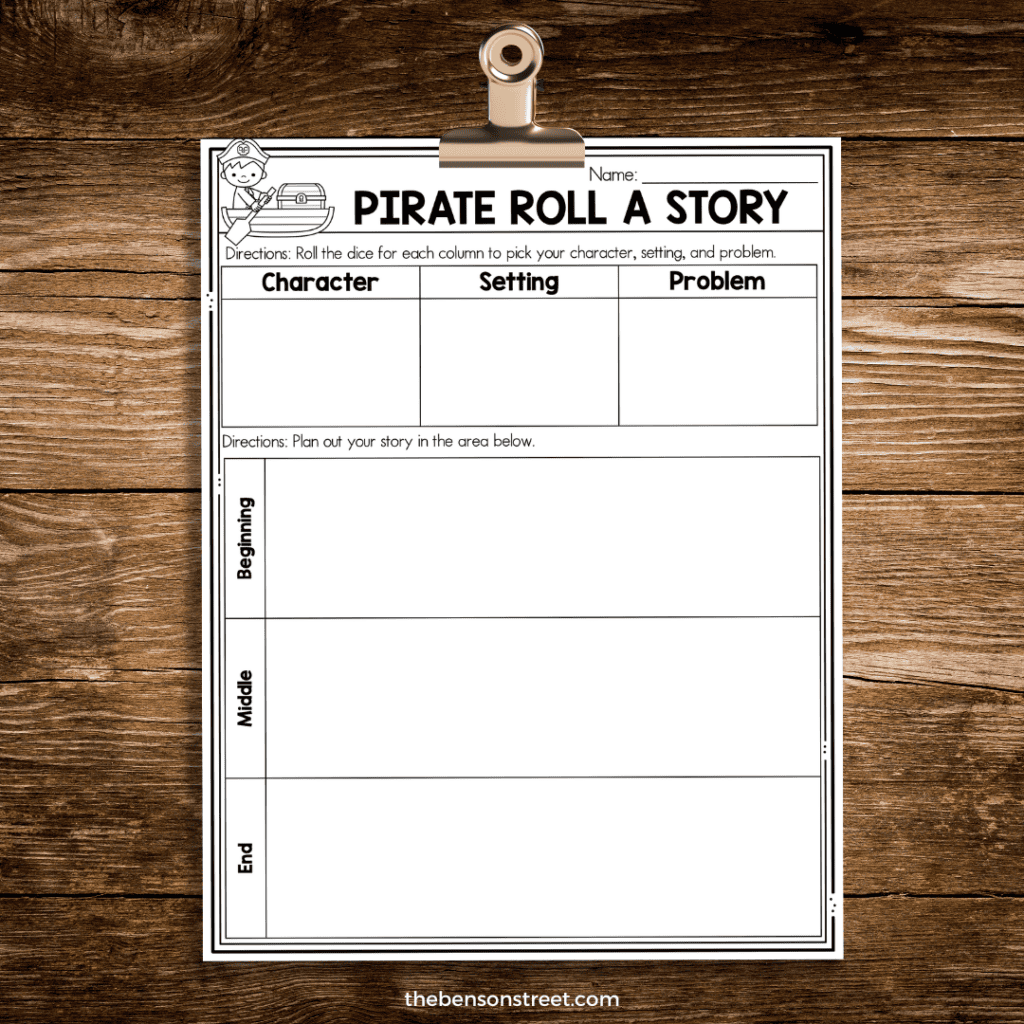 Pirate Roll a Story Planning Sheet on a clipboard