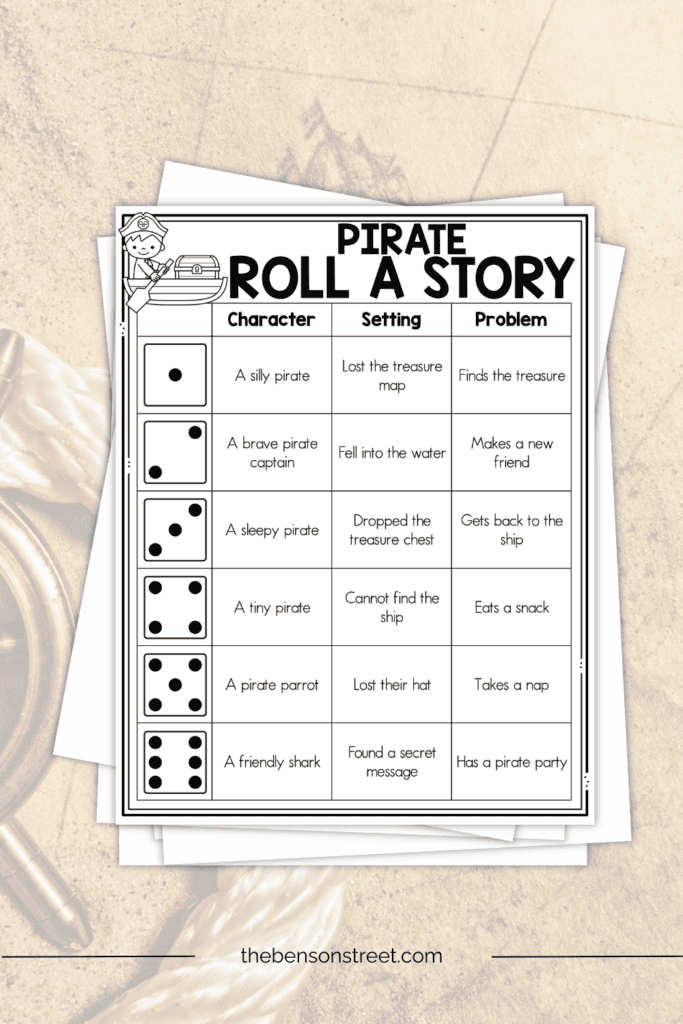 Pirate Roll a Story Writing Game on a stack of papers
