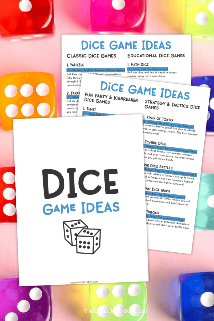 Printable pages of simple to play dice games ideas