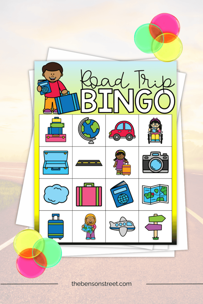 Road Trip Bingo Board with bingo chips on top 