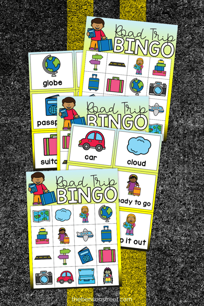 Road Trip Bingo boards on a road background