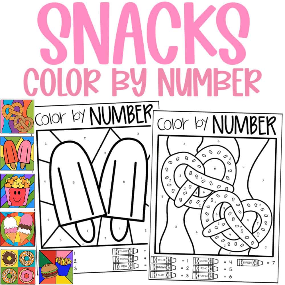 Snacks color by number pages mockup