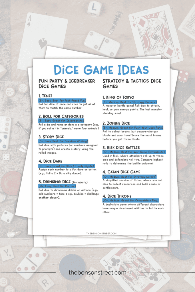Sheet of different ideas for dice games