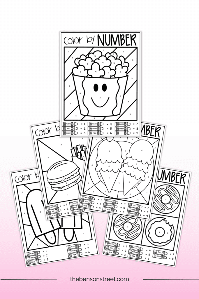 Snack themed color by number worksheets in black and white with color keys