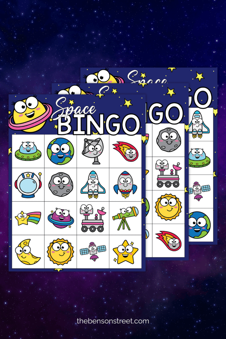 Space themed bingo boards on a space background