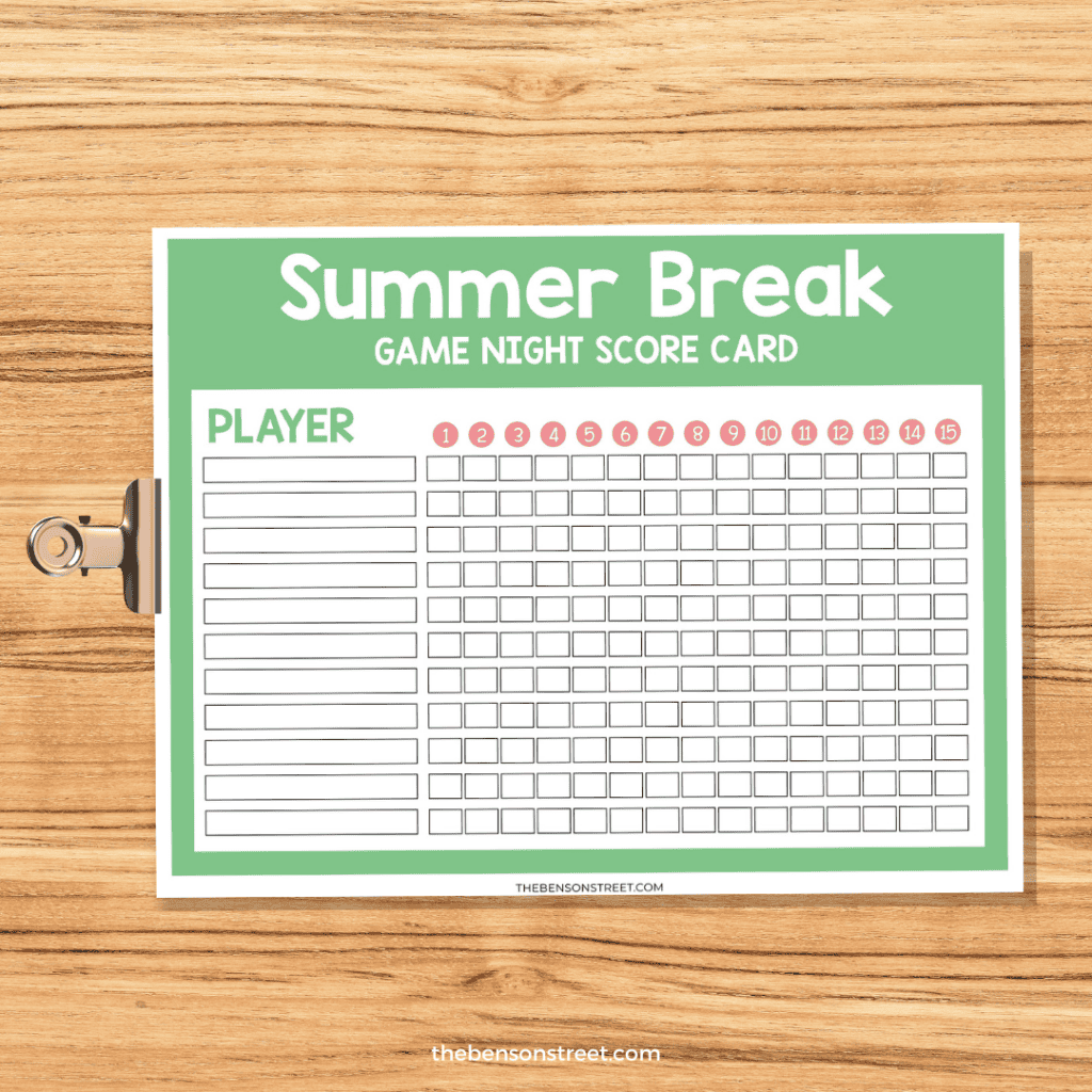Summer Break Game Night Score Card Printable
