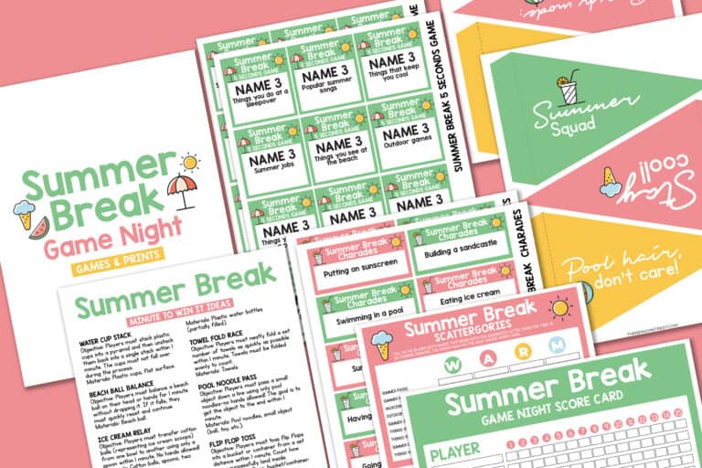 Flay lay of pages from a free printable summer game night bundle