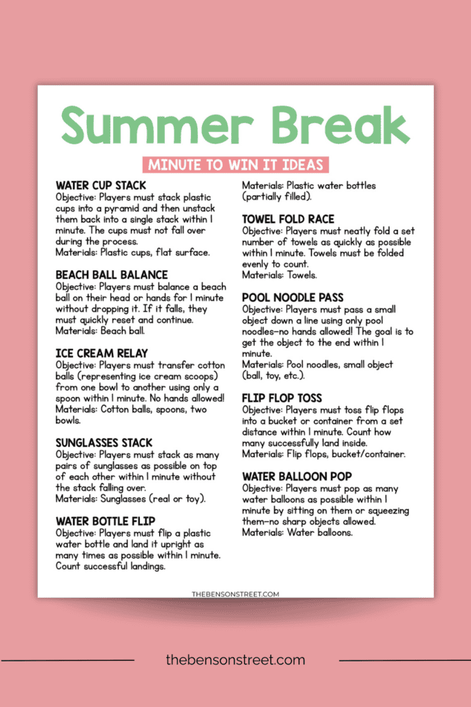 Summer Break Minute to Win It Ideas Sheet