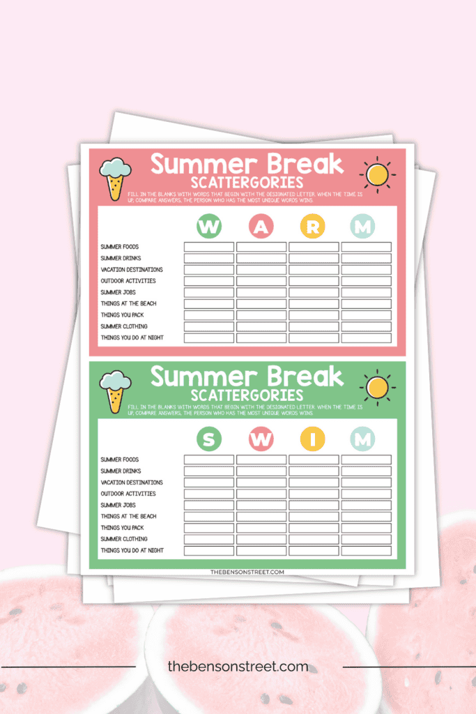 Summer Break Scattergories game cards free to print