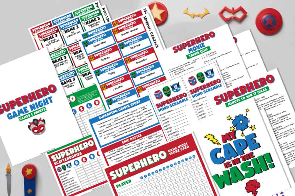 Flat lay of super hero games free to print