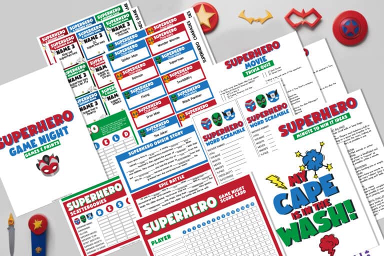 Flat lay of super hero games free to print