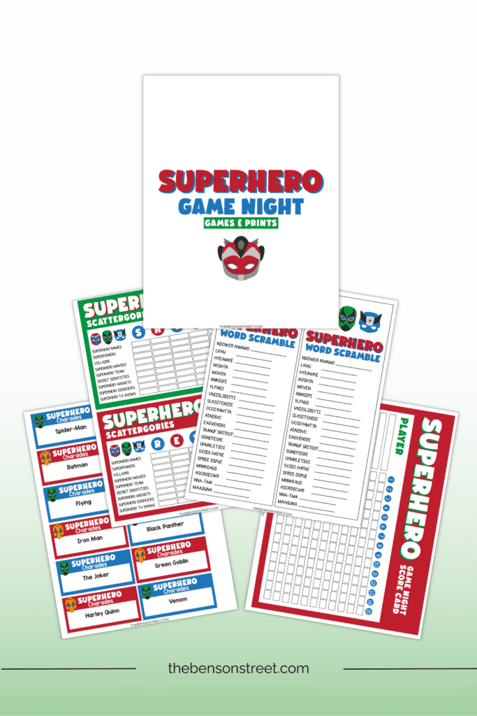 Superhero game night games and prints for parties
