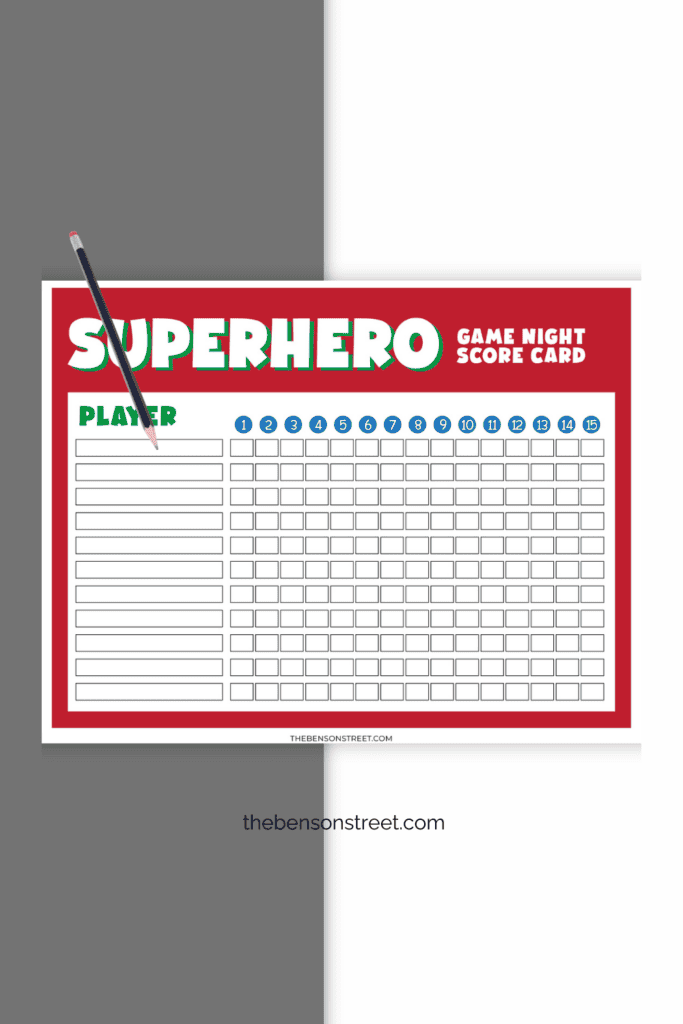Superhero game night scorecard