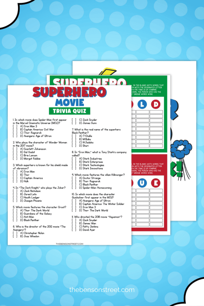Superhero movie trivia quiz, scattergories and more free to print