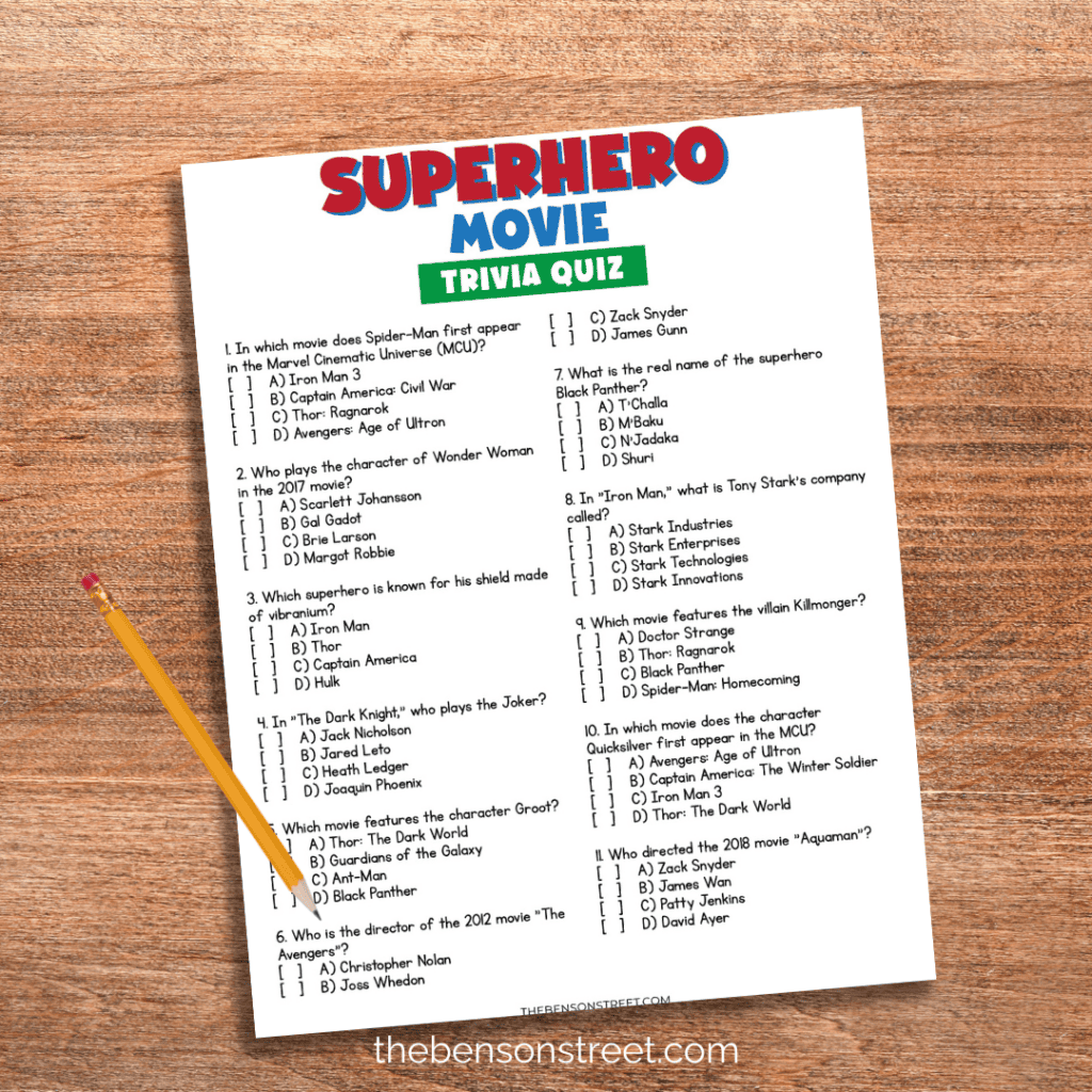 Superhero movie trivia quiz with a pencil on top