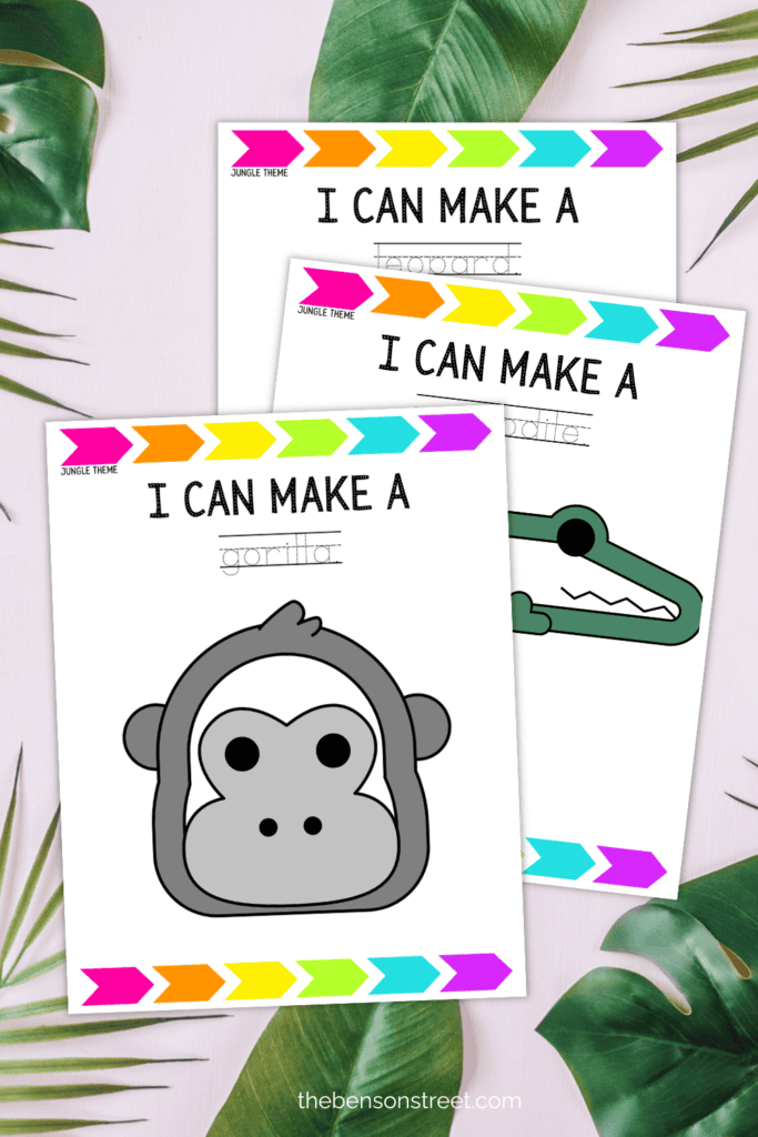 Three Jungle animal playdough mats on a leafy background