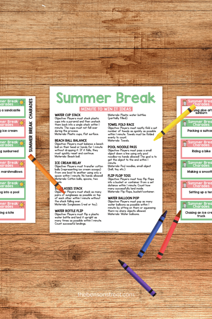 Three Sheets of Summer Break Games with minute to win it games