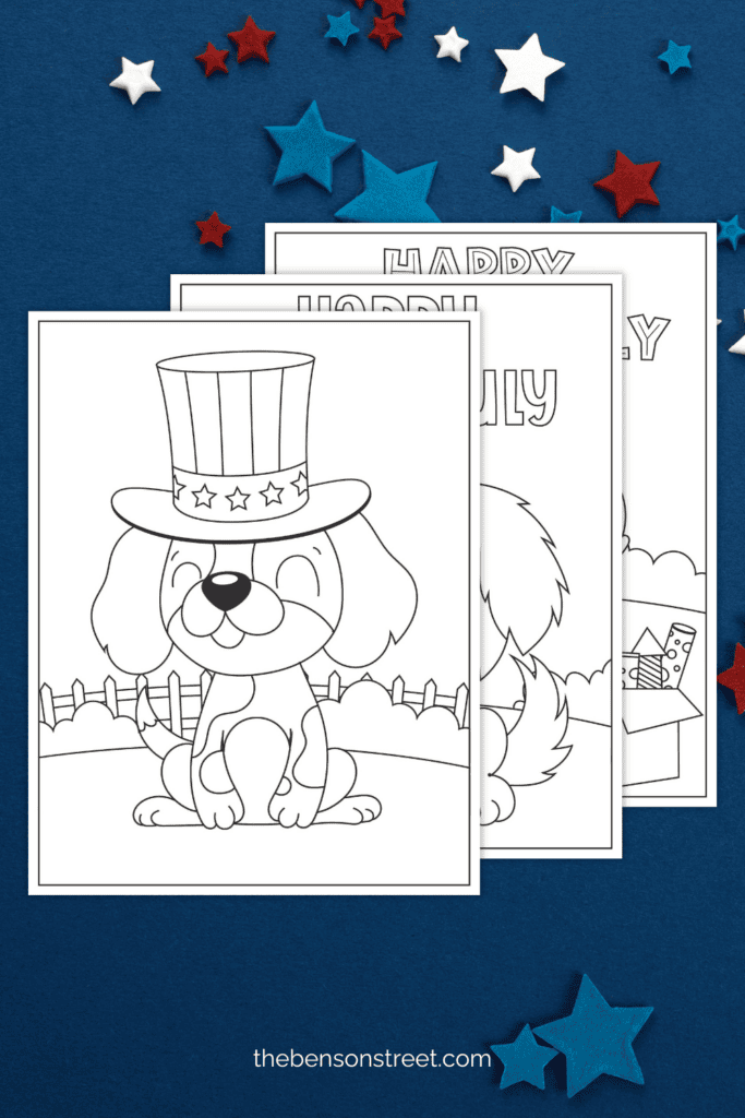Three black and white sheets with Independence day dogs to color