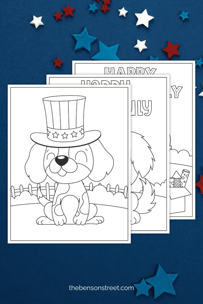 Three black and white sheets with Independence day dogs to color