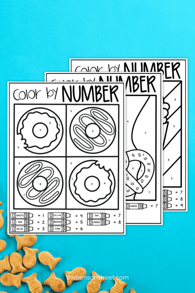 Three color by number sheets featuring favorite snacks