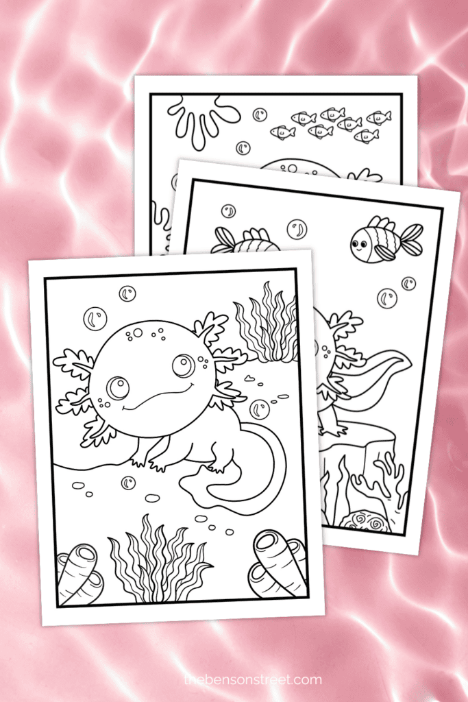 Three coloring sheets featuring fish and axolotls underwater