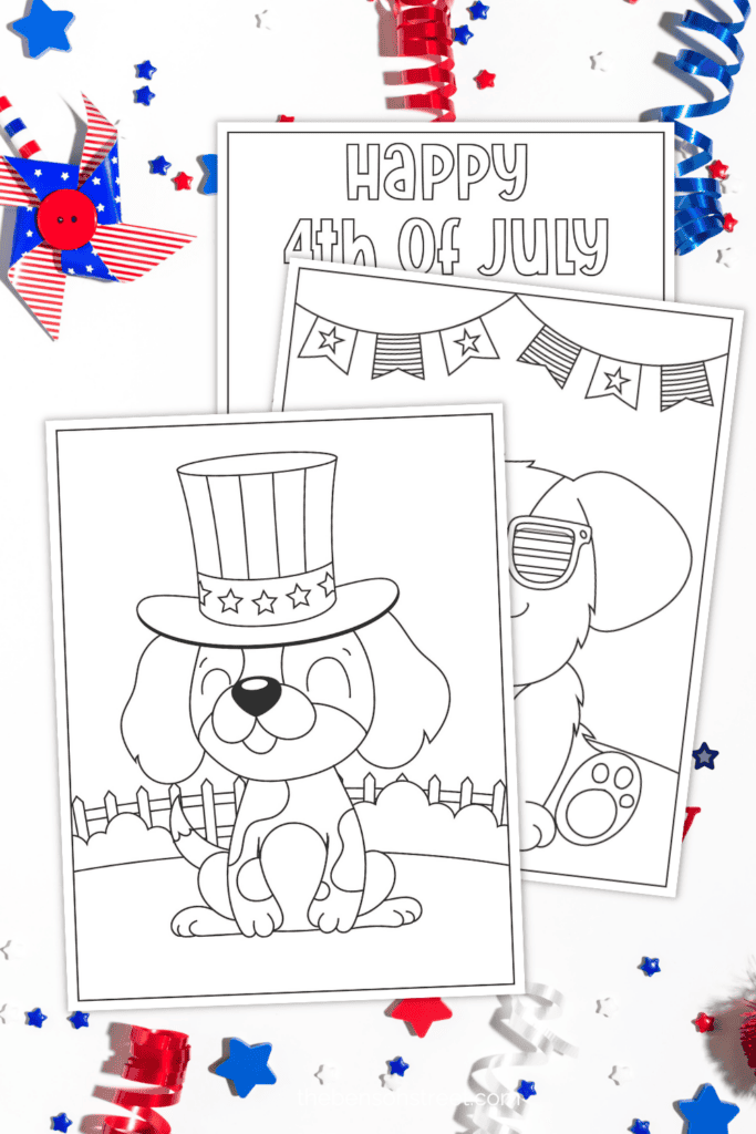Three cute puppy coloring pages with a patriotic theme with stars and stripes