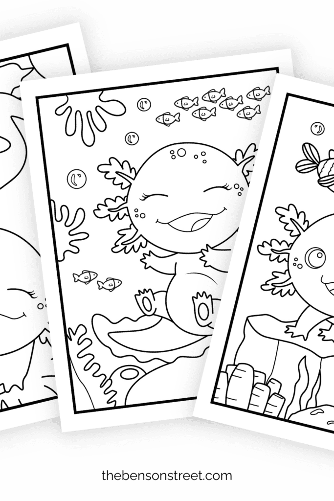 Three different axolotl coloring sheets in a fanned out stack