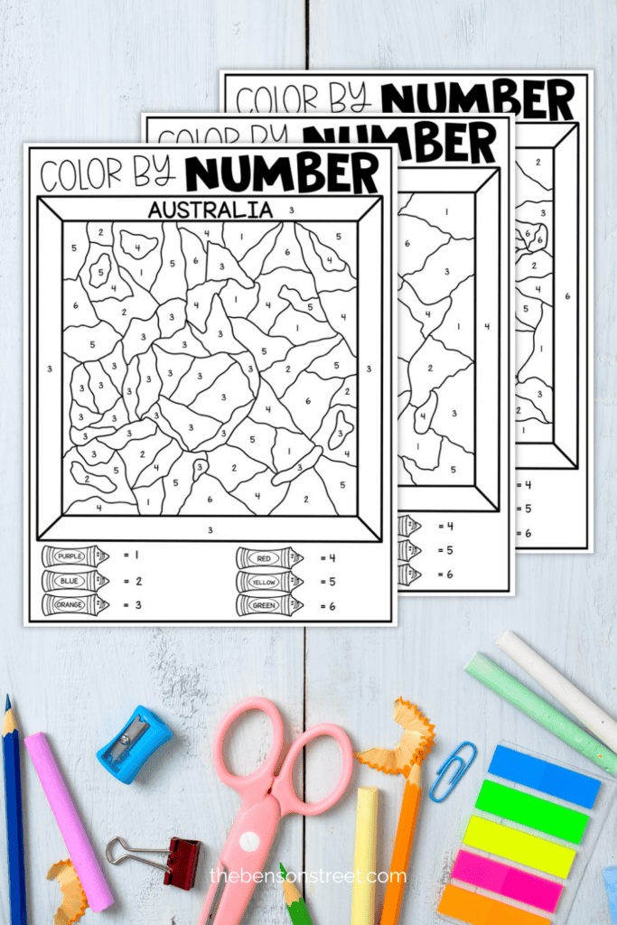 Three different continent coloring pages with color key