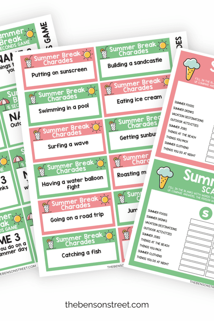 Three different game printables for summer games