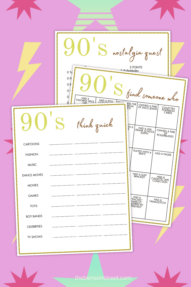 Three different sheets of 1990's party games to play and print