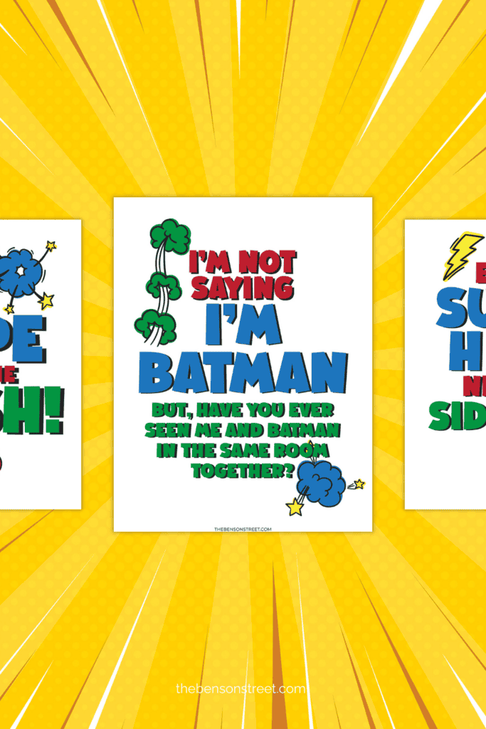 Three free decorative prints for a superhero game night party