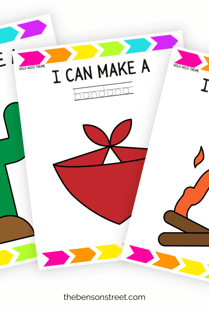 Three free wild west themed playdough mats in a fanned stack