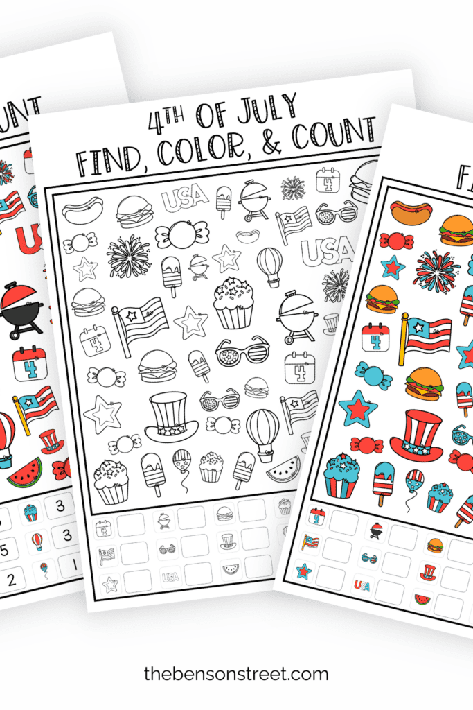 Three pages of 4th of july find and count pages in a fanned out stack