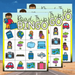 Three pages of bingo boards with road trip themed items on them