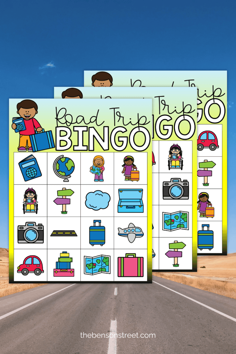 Three pages of bingo boards with road trip themed items on them