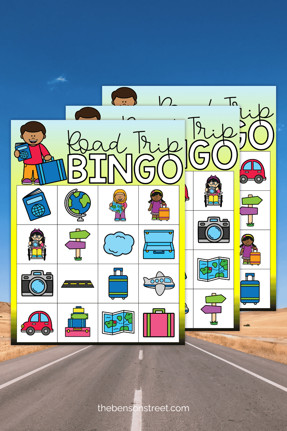 Three pages of bingo boards with road trip themed items on them