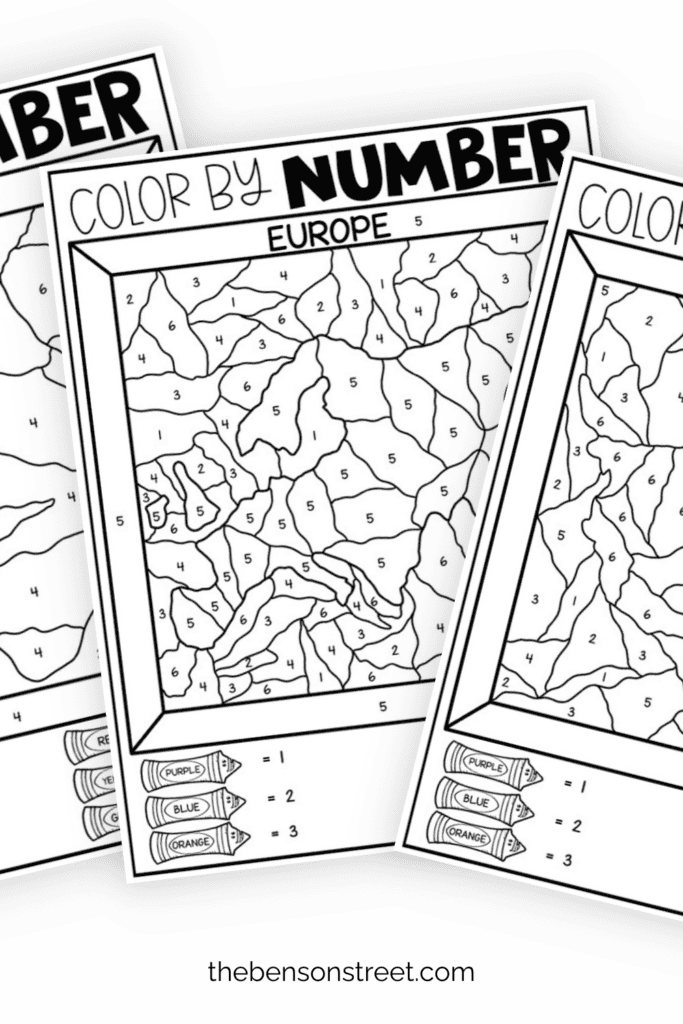 Three pages of color by number continents color by numbers in a fanned out stack