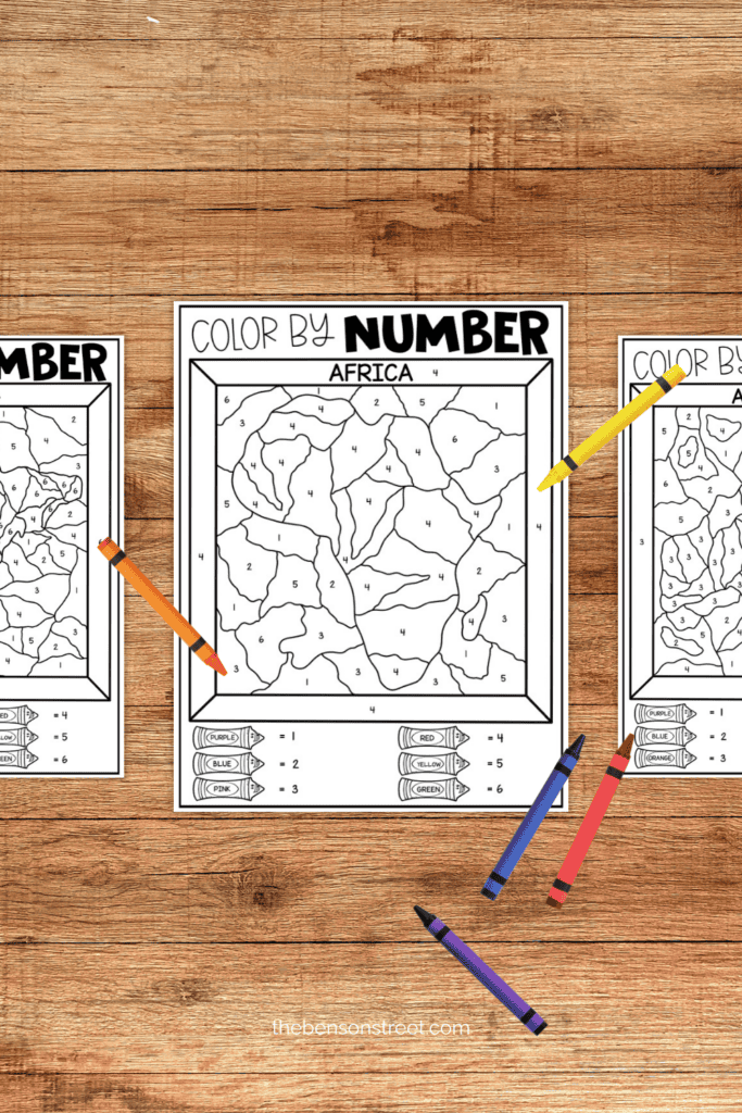 Three pages of color by number world continents with crayons around